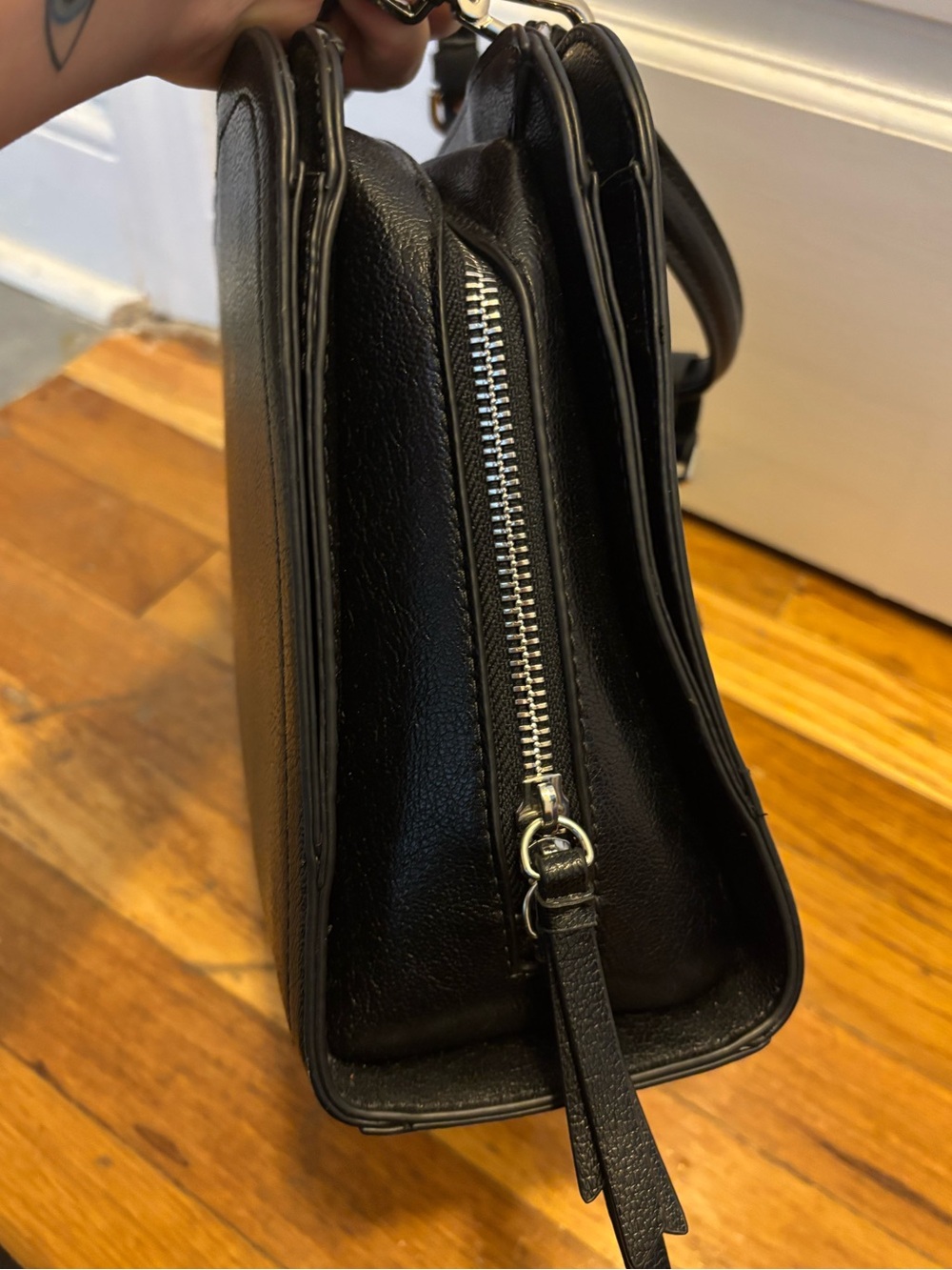 NWOT Calvin Klein Black Leather Top-Handle/ Crossbody Bag with small charm - Picture 6 of 14